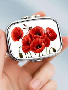 1pc Red Vintage Poppy Pattern Square Portable Pill Box, Exquisite Durable Metal Shell, Double Layer Pill Storage, Vitamin Accessory, Pocket Size, Creative Daily Gift - Multicolor - View 8