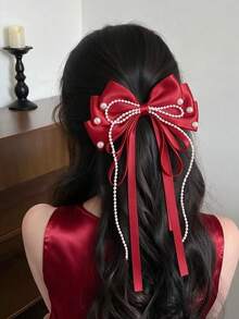 1 pieza Pinza para el cabello con lazo minimalista y femenino, lazo de cinta de satén multicolor con perlas, pinza de resorte para coleta o media coleta - Multicolor - Ver 7