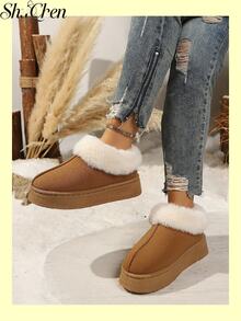 1 Pair Vintage Fashion Camel Color Thick Fur Trim Round Toe Ankle Boots Women's Winter Thick Sole Boots Uggs Style Vintage Daily Winter Shoes - Brown - View 2