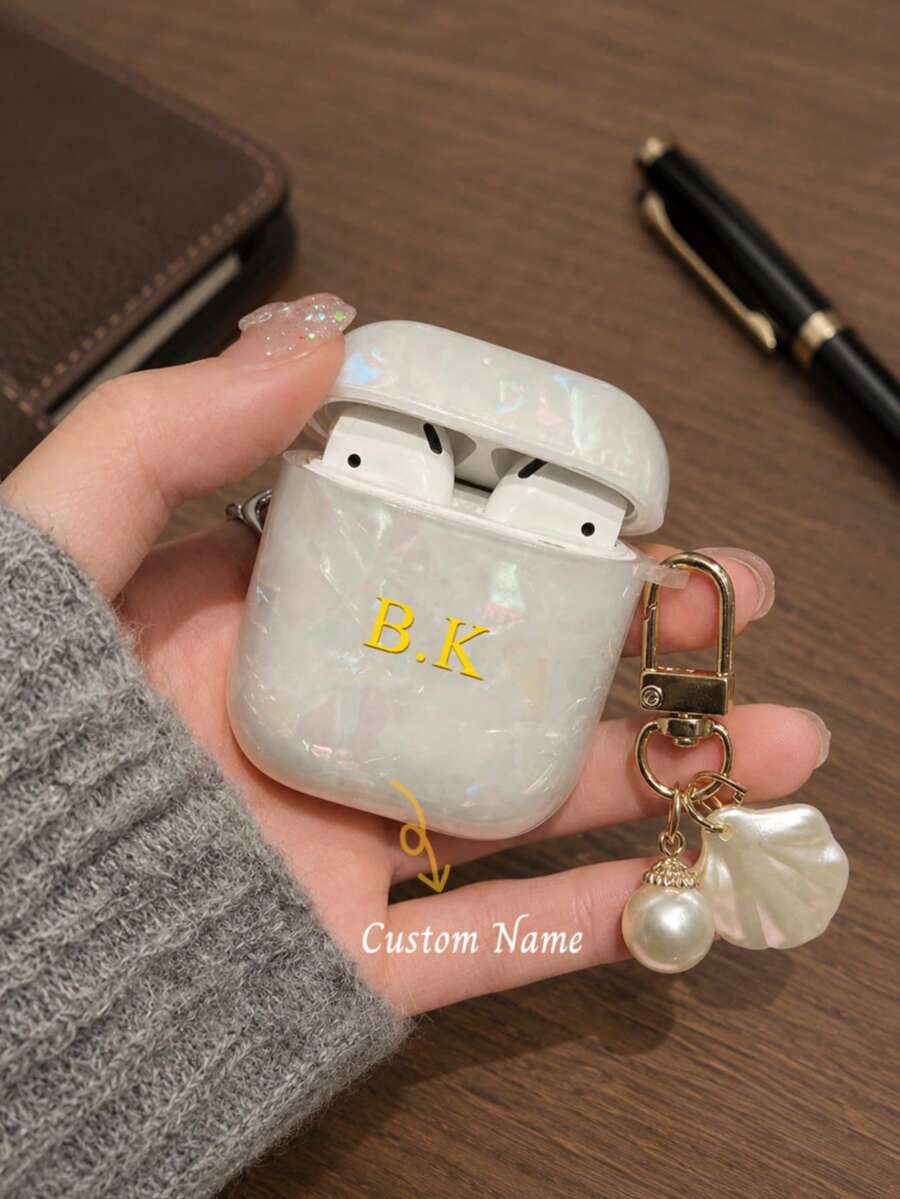 Pearlescent Customized Earphone Case With Shell Hook, Butterfly Earphone Case Compatible With 1/2 3 4 Pro, Customized Letter Name - White - View 1