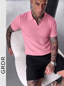 Men's Solid Color Casual Versatile Commute Knit Short Sleeve Top - Pink - View 2