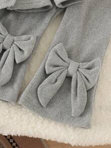 2pcs Baby Girl Soft Feminine Style 3D Brushed Bow Decor Ruffle Hem Round Neck Long Sleeve Top & Matching Color Flared Long Pants Set, Suitable For Spring/Autumn Home Wear - Grey - View 5