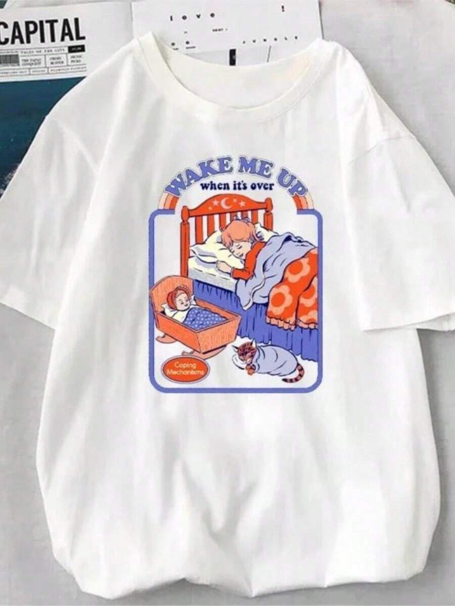 Satan Demon TShirt Scary Devil Aliens Vintage T-Shirt Classsssssssic Scary Cartoon Graphic Tops Oversized Harajuku Ropa Mujer - 白色 - 查看 1