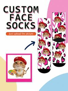 1 Pair Of Custom Socks, Love Leopard Print,Heart Pattern Mid Calf Socks, Personalized Funny Photo Socks, Unisex Valentine Romantic Gift Socks For Men - Multicolor - View 9