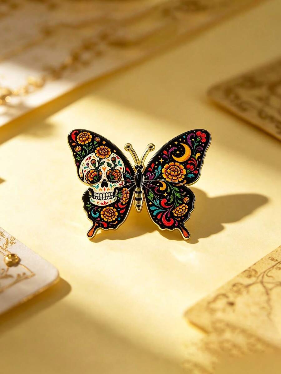 1 buah Pin Kerah Enamel, Tengkorak Gula, Bunga, Kupu-kupu, Gaya Retro Meksiko, Aksesori Dekorasi, Hadiah Ideal untuk Halloween atau Hari Orang Mati