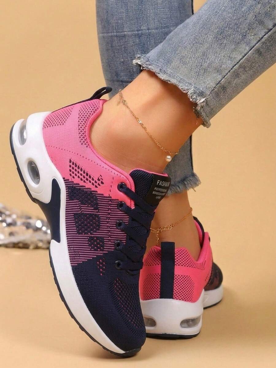 Fashion Low Top Air Cushion Knit Sneakers For Women, Gradient Mesh Height Boost Lace Up Comfort Shoes, Street Style Trainers For Jeans Dating Travel - Red - View 1