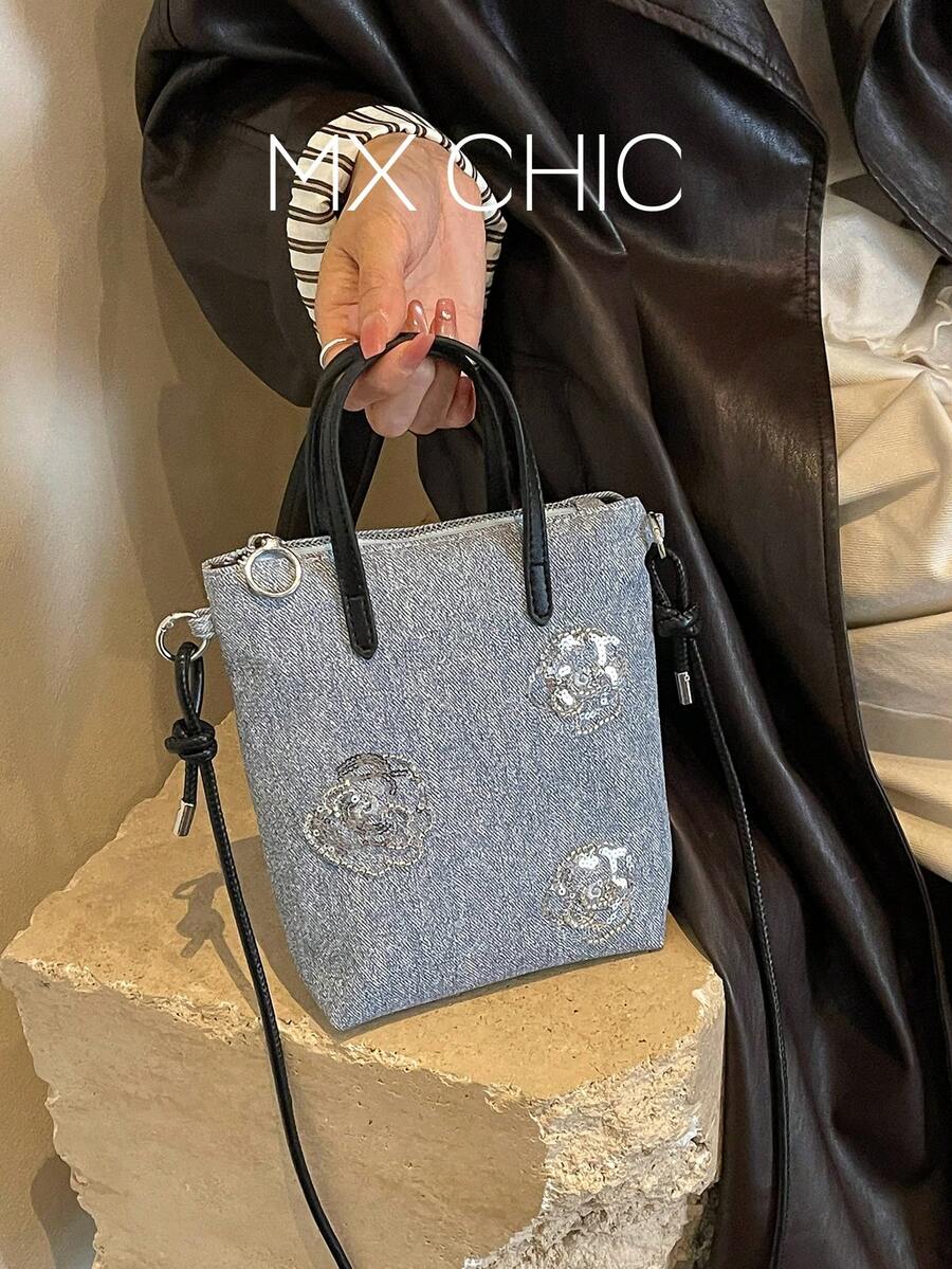 1件女款拼色手提包,時尚玫瑰裝飾與拉鍊開合,適合約會禮物 - 藍色 - 查看 1