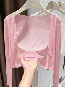 1pc Plus Size Ice Silk Camisole Thin Tulle Shawl Sun Protection Outerwear Cover Up Ruffle Mesh Cover-Up Jacket - Multicolor - View 7