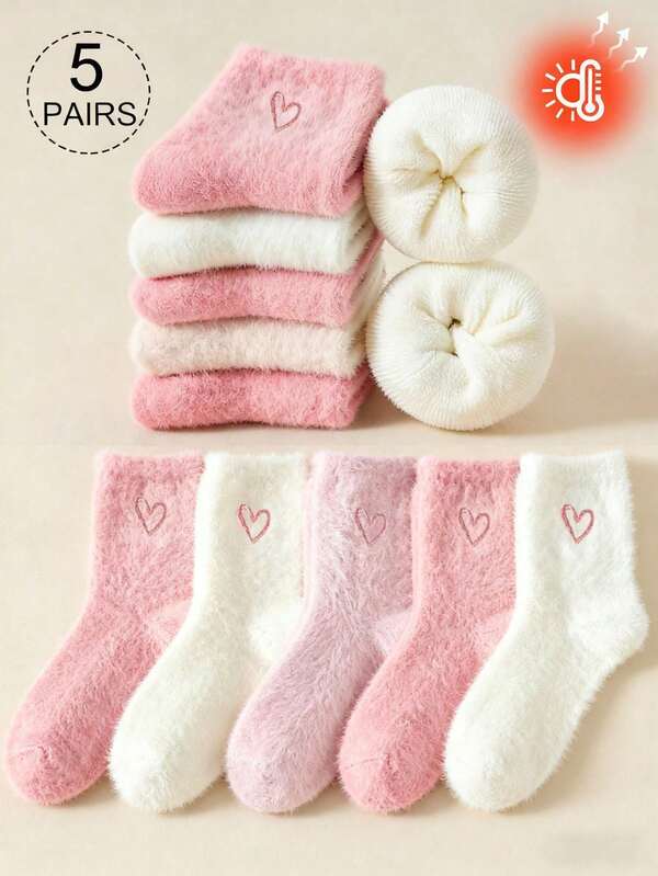 5足セット ホワイト&ピンク ふわふわ 女の子用クルーソックス リボン柄 暖かい靴下 ソフトで快適 秋冬向け ランダムカラー
