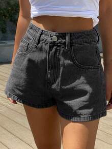 Teen Fashion Straight Leg Denim Shorts - Grey - View 1
