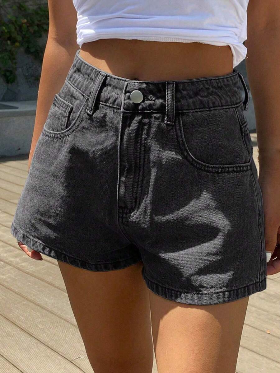 Teen Fashion Straight Leg Denim Shorts - Grey - View 1