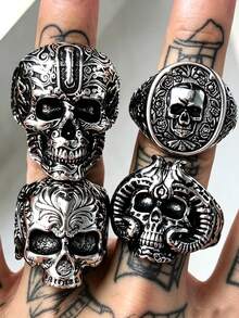 Juego de anillos de calavera tallada estilo oscuro de nicho, anillo de cabeza de carnero estilo motocicleta americana con rosa, anillo de cabeza de fantasma sobredimensionado resistente, accesorio versátil de uso diario personalizado de estilo callejero audaz y en capas, decoración regalo de Halloween, estilo aleatorio 1 pieza/2 piezas/3 piezas/4 piezas - Plata antigua - Ver 29