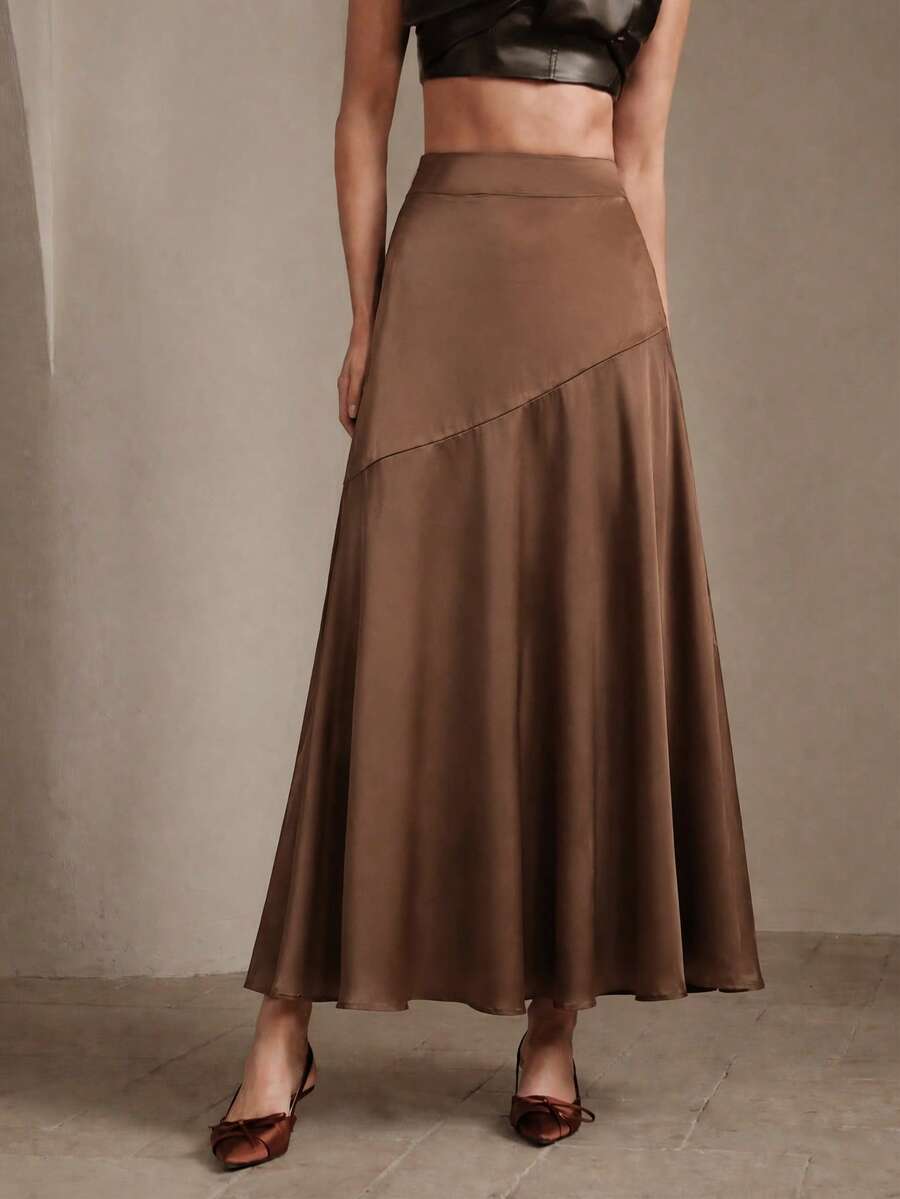 Plus Size Women's Brown Satin Bias Cut Skirt, Luxury Texture Commuter Drape A-Line Long Skirt, Versatile For Spring, Summer, Autumn - Brown - View 1