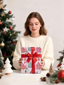 2/1 Roll Of Christmas Gift Wrapping Paper Featuring A Gingerbread House Theme; Made Of Coated Paper; Dimensions: 43 Cm X 300 Cm; Suitable For Christmas Gift Wrapping, Party Decorations, And Holiday Gifting. - A - View 3