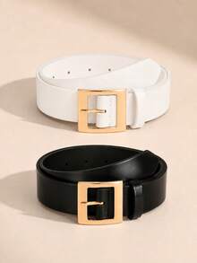 Women Classic Belt Gold Buckle Chic Pebbled Textured PU Leather Look Waist Belt For For Jeans Pants Dress Blazer Outfit - Black+White - View 6