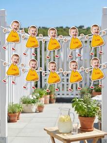 Custom Photo Cartoon Yellow Dress Children's Banner, Hand-Drawn Little Girl Hollow Floral Wreath With Customized Name Text, Sweet Macaron Color Baby Shower And Girl Decoration - Multicolor - View 5