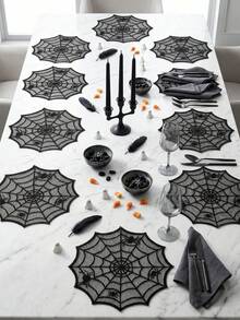 2pcs Black Lace Spider Web Placemats, Halloween Party Table Decor, Happy Halloween Decoration, Ghost Festival Decor, Table Centerpiece, Spooky Tableware, Spider Web Pattern Decor, Home Kitchen Dining Room Decoration - Black - View 4