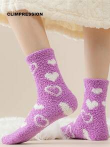 CLIMPRESSION Kaos Kaki Wanita Musim Gugur/Dingin Motif Hati Ungu Bahan Bulu Karang Lembut, Kaos Kaki Tidur Dalam Ruangan yang Lembut, Hangat, dan Nyaman - Violet Purple - View 4