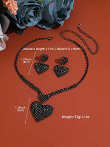 3pcs Summer Party Jewelry Set, Exaggerated Rhinestone Heart Necklace + Heart Earrings, Suitable For Music Festivals, Beach Weddings, Seaside Vacations And Photography Accessories - Black - View 4