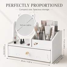 360° Rotating Mirror Makeup Organizer With Drawers And Multiple Storage Compartments, Cute Cat Ear Vanity Storage Box For Makeup Brushes, Lipsticks, Skincare Products (White) - 29CM - View 3