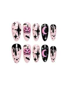 24pcs Halloween Almond False Nails With Pink Pumpkin, Bat, Black Star, Blood Drip, Moon,Y2K,Gothic Fake Nails,Includes Jelly Glue And Nail File, Suitable For Girls And Women's Daily Holiday Party Wear,Cosplay,Press On Nail Patches - Multicolor - View 4