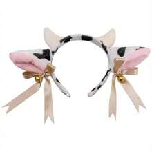Plush Cow Ear Headband With Bell, Bow And Ribbon, Anime Lolita Style Animal Party Cosplay Costume Accessory - Black and White - View 5