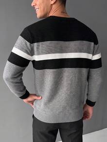 ZYNTH BALENO Men's Fashion Autumn/Winter 7-Gauge Patchwork Loose Drop Shoulder Crew Neck Long Sleeve Sweater, Suitable For Gym Sports - Grey - View 4