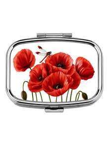 1pc Red Vintage Poppy Pattern Square Portable Pill Box, Exquisite Durable Metal Shell, Double Layer Pill Storage, Vitamin Accessory, Pocket Size, Creative Daily Gift - Multicolor - View 1