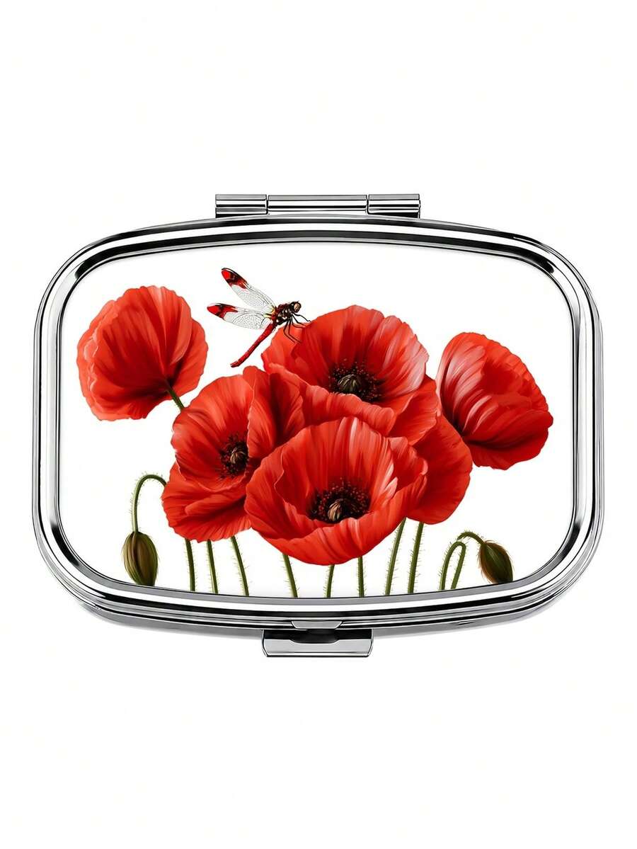 1pc Red Vintage Poppy Pattern Square Portable Pill Box, Exquisite Durable Metal Shell, Double Layer Pill Storage, Vitamin Accessory, Pocket Size, Creative Daily Gift - Multicolor - View 1