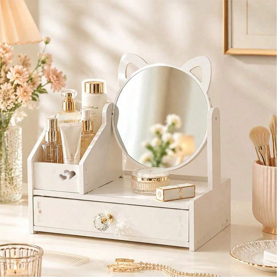 360° Rotating Mirror Makeup Organizer With Drawers And Multiple Storage Compartments, Cute Cat Ear Vanity Storage Box For Makeup Brushes, Lipsticks, Skincare Products (White) - 29CM - View 1