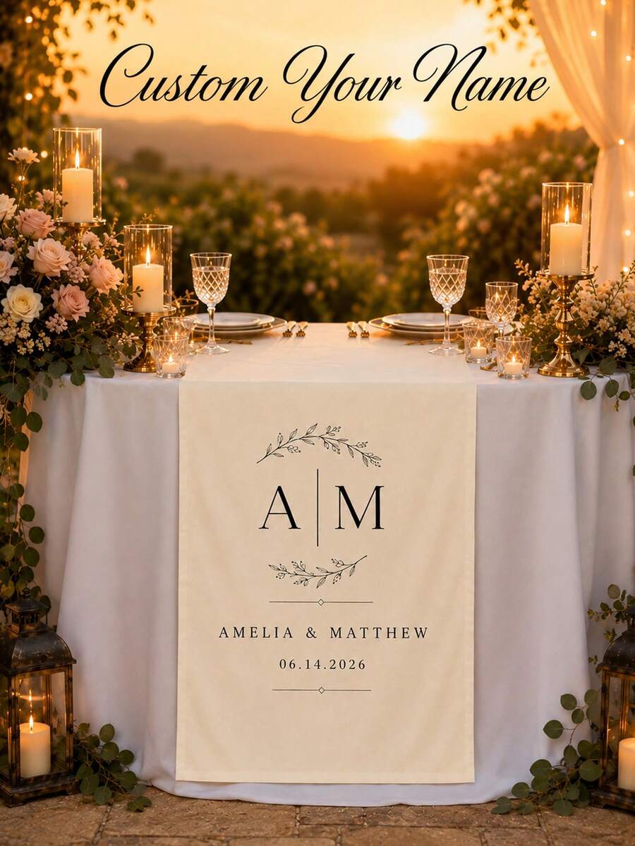 Personalized Wedding Tablecloth, Printed With Name And Date Table Runner, Suitable For Wedding Reception Decoration, Bohemian Garden Style, Rustic Bridal Shower Decor - Multicolor - View 1