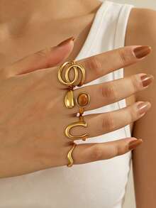 4pcs Stainless Steel 18K Gold Plated Elegant Geometric Line Water Drop Ring Set, Suitable For Women's Daily, Holiday And Date Wear - Multicolor - View 2