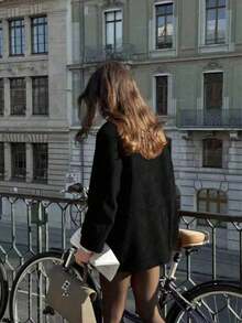 1pc Daily Commute Casual Versatile Solid Color Turn Collar Button Pocket Fashion Autumn/Winter Long Sleeve Jacket - Black - View 5