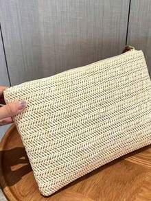 1pc Women's Straw Woven Clutch Bag Bohemian Style Summer Beach Straw Wallet Zipper Wristlet, Suitable For Any Occasion Such As Work, Business, Dating - Khaki - View 6