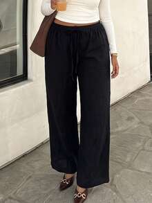 Plus Size Non-Stretch Black Long Tapered Pants With Drawstring, Suitable For Spring And Autumn Wear - Black - View 2