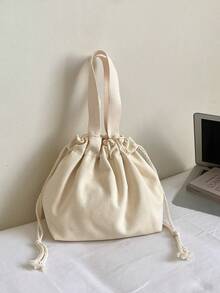 Rice Apricot Plain Drawstring Tote Bag With Wide Woven Handles, Customizable Print Blank Basic Style For Daily Commute And Miscellaneous Storage Small Tote - Beige - View 6