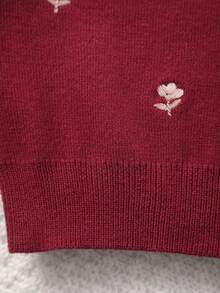 女童針織圓領手工刺繡花卉圖案開襟衫 - 酒紅色 - 查看 6