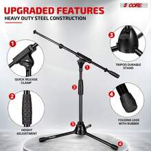 5 Core Mic Stand Floor Adjustable Short Tripod Microphone Stands W Telescoping Boom Arm - Black - View 7