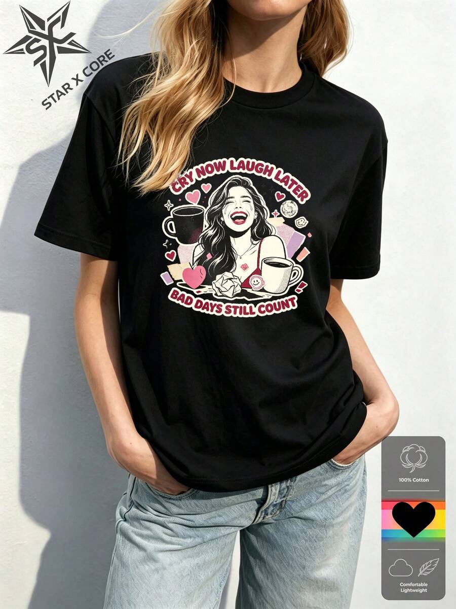 New Summer Stylish Graphic Cotton T-Shirt, Versatile Casual Fashionable Tee - 黑色 - 查看 1