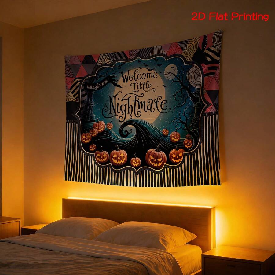 1pc High Definition Digital Print Tapestry, Featuring "Welcome Little Devil", Pumpkin, Moon, Quirky Patterns, Polyester Material, Suitable For Backdrop, Photography Props, Party Banner, Birthday Gift, Room Decor, Multiple Sizes Available, 2D Flat - Multicolor - View 1