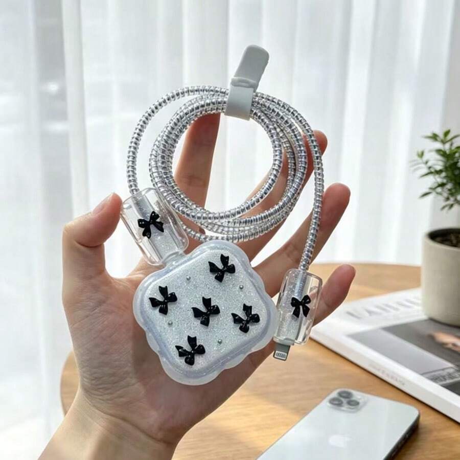 Bowknot Pattern Data Cable Protector Compatible With Apple 40W Fast Charger, Minimalist Anti-Breakage, Gift Essential, Premium Feel, Extends Cable Lifespan, Anti-Pet Bite, Suitable For Boyfriend/Girlfriend/Best Friend - Multicolor - View 1