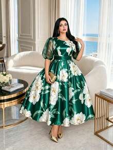 SHEIN Lady CURVE Plus Size Round Neck Raglan Petal Sleeve Summer Elegant Floral Print Dress Olive Green Birthday Evening Wedding Evening Evening Bride Vacation - Green - View 5