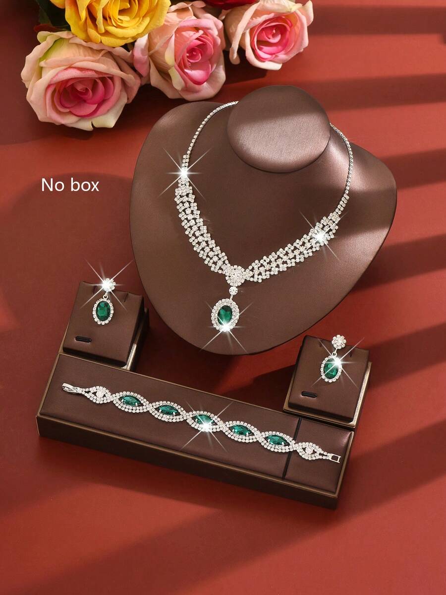 1 Set Luxury Evening Jewelry Set (Necklace + Earrings + Bracelet), Eye-Catching Glamorous Design, Corporate Annual Meeting, Graduation Ball, Christmas, Bridal Gift - Green - View 1