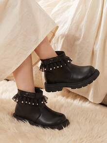 1 Pair 2026 New Girls' Mesh Pearl Ankle Boots, Bow Side Zipper Thick Sole Design, Sweet Fairy Princess Style, Suitable For Autumn/Winter Outings And Dress Matching - Black - View 3