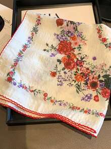 1件米色碎花正方形絲巾，女款春夏新款高級薄紗領巾，百搭裝飾細圍巾 - 白色 - 查看 3