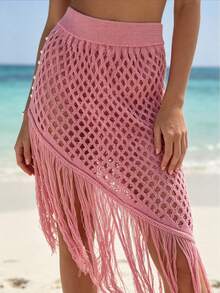 Fringed Knit Beach Cover-Up Skirt - وردي - مشاهدة 2