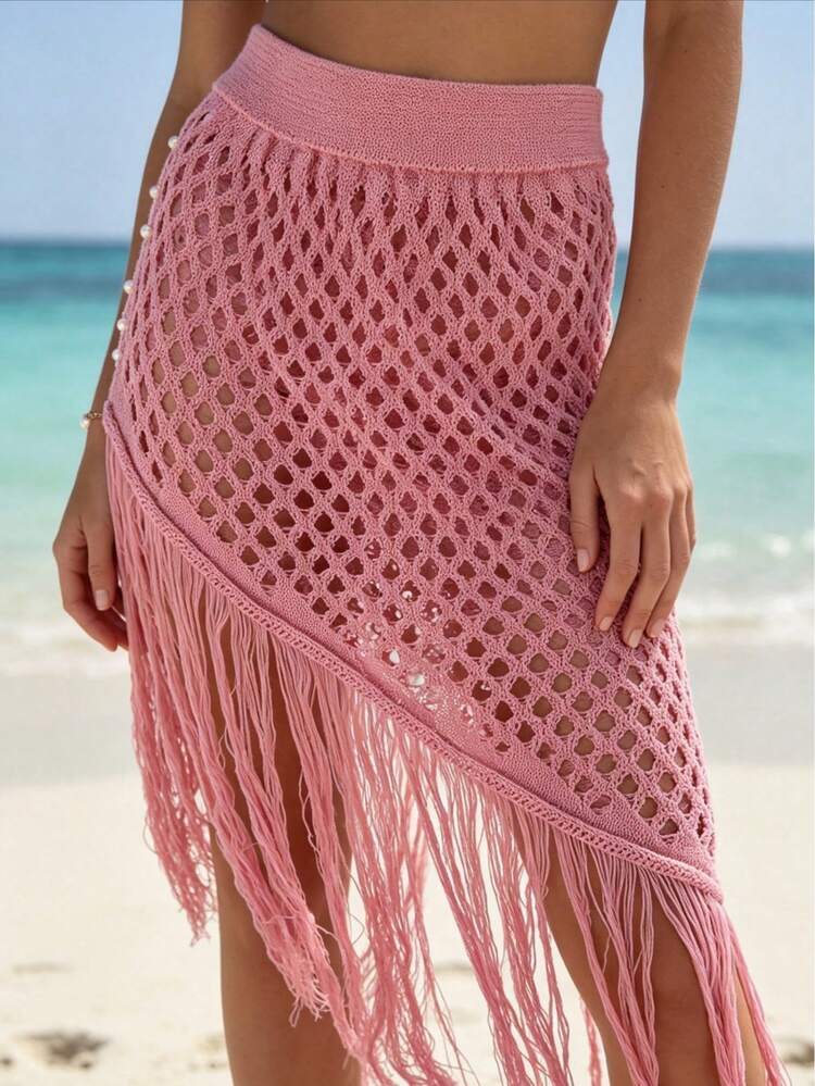 Fringed Knit Beach Cover-Up Skirt - Pink - View 2