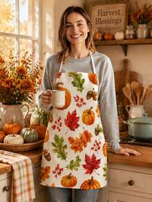 1pc Thanksgiving Pumpkin Maple Leaf Mushroom Pattern Apron, Can Be Used As Kitchen And Dining Room Attire For Cooking, Baking And Gardening, Suitable For Thanksgiving Autumn Harvest Festival Decoration - Multicolor - View 2