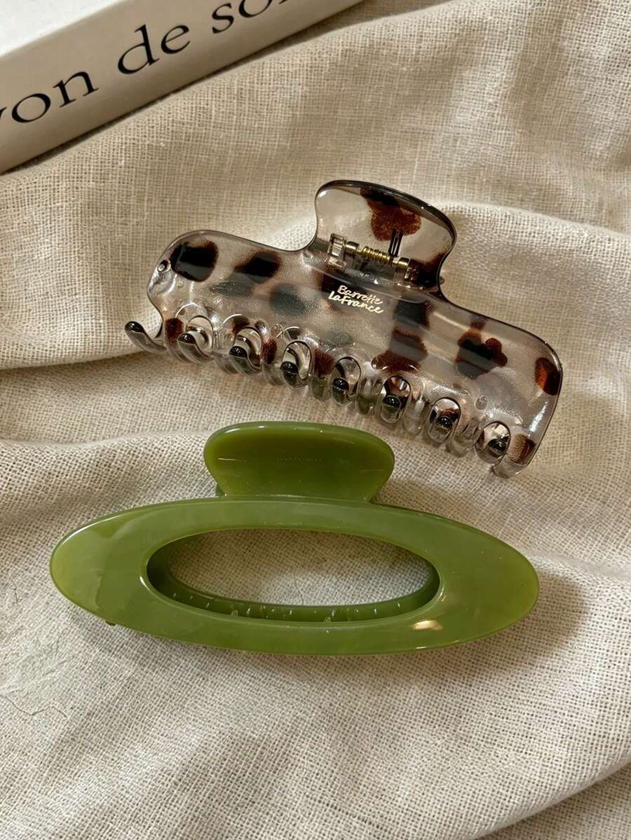 2pcs/1pc Women's Tortoiseshell Green Large Lightweight Plastic Hair Claw, Fashion Versatile Premium Elegant Minimalist Solid Color Hair Clip, Suitable For Daily Wear, Casual, Party, Commute, Beach, Vacation, Ponytail, Updo, Face Washing, Bathing, Makeup, Outfit Accessory, Hair Accessory (Gold Label Is Single-Sided) - Multicolor - View 1