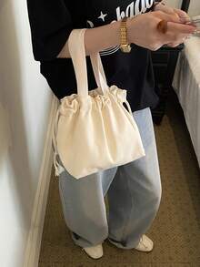 Rice Apricot Plain Drawstring Tote Bag With Wide Woven Handles, Customizable Print Blank Basic Style For Daily Commute And Miscellaneous Storage Small Tote - Beige - View 4